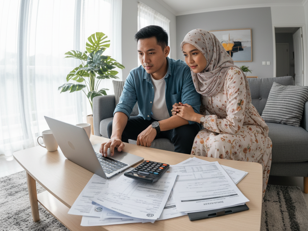Pasangan muda menyemak kelayakan pinjaman rumah menggunakan laptop dan kalkulator